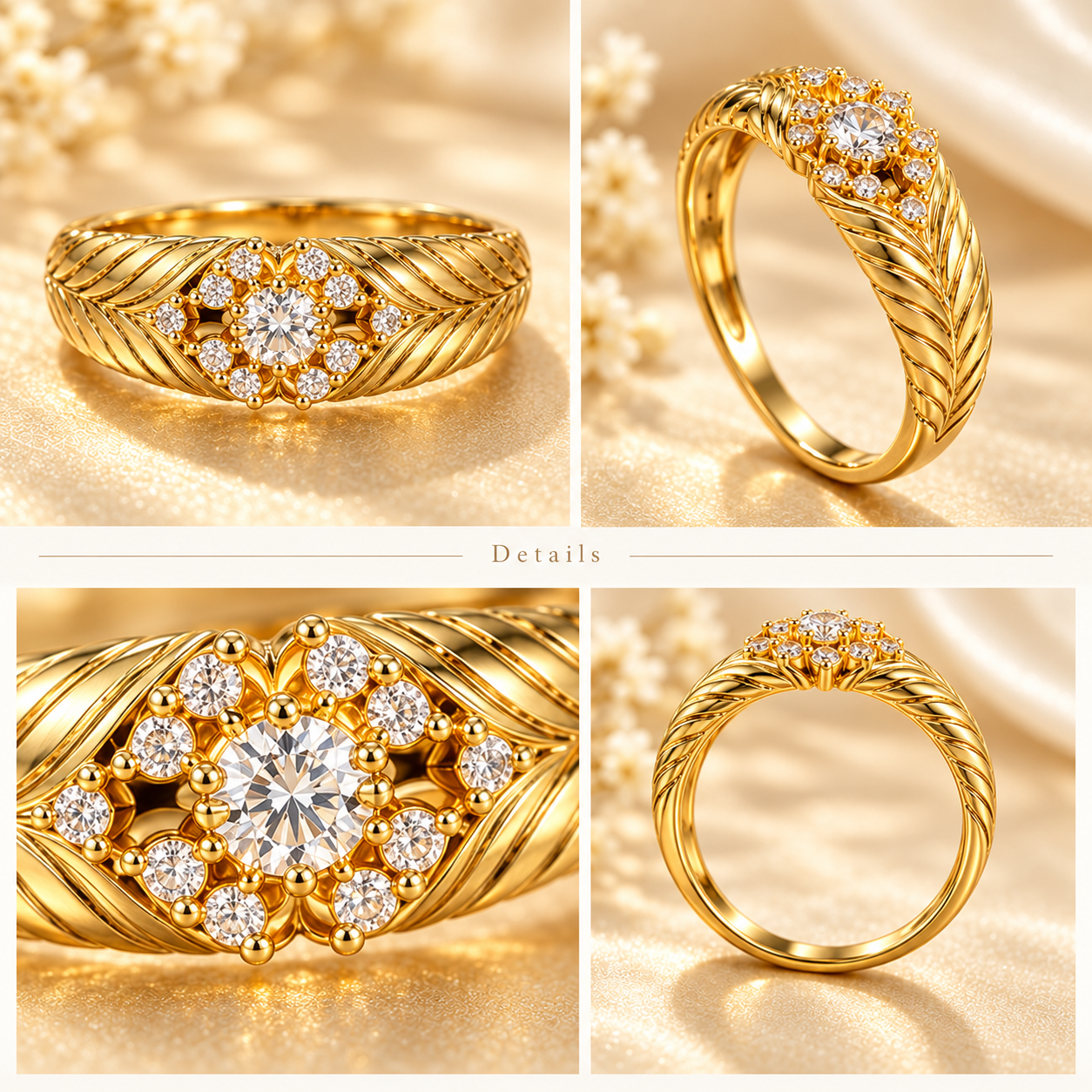 18K Solid Gold Moissanite Ring, Phoenix Feather Floral Cluster, Vintage Statement Jewelry