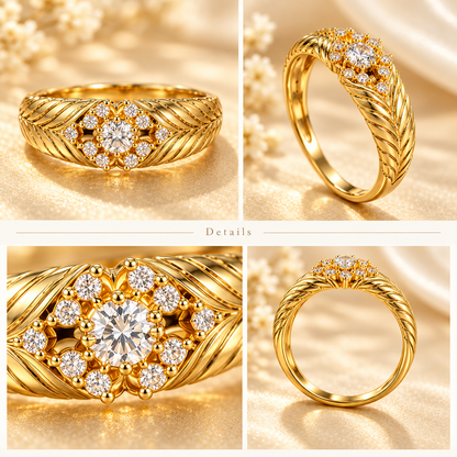 18K Solid Gold Moissanite Ring, Phoenix Feather Floral Cluster, Vintage Statement Jewelry