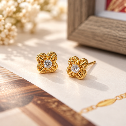 18K Solid Gold Moissanite Flower Stud Earrings, Dainty Four-Petal Design