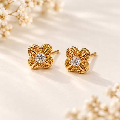 18K Solid Gold Moissanite Flower Stud Earrings, Dainty Four-Petal Design