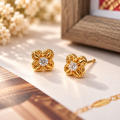 18K Solid Gold Moissanite Flower Stud Earrings, Dainty Four-Petal Design