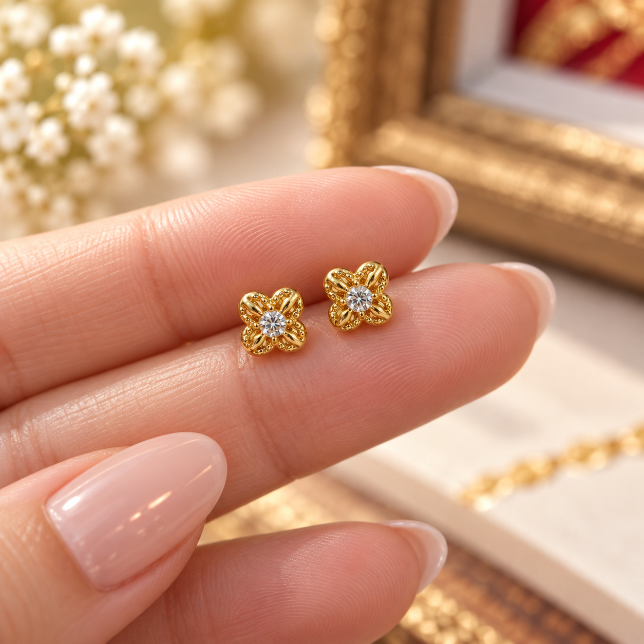 18K Solid Gold Moissanite Flower Stud Earrings, Dainty Four-Petal Design