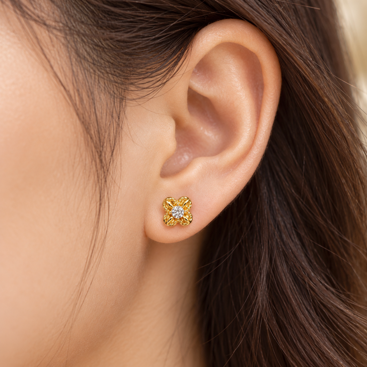 18K Solid Gold Moissanite Flower Stud Earrings, Dainty Four-Petal Design