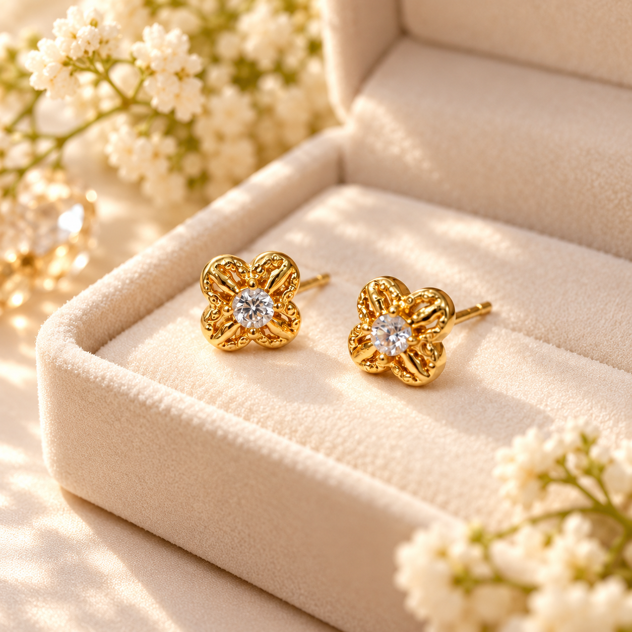 18K Solid Gold Moissanite Flower Stud Earrings, Dainty Four-Petal Design