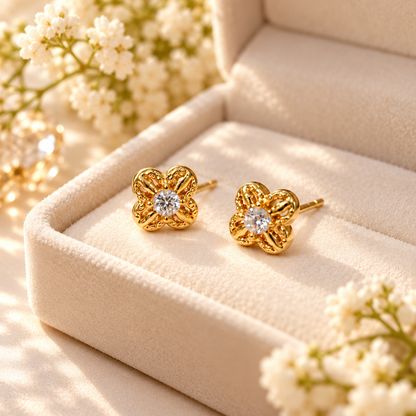 18K Solid Gold Moissanite Flower Stud Earrings, Dainty Four-Petal Design