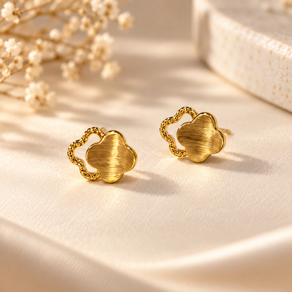 18K Solid Gold Clover Stud Earrings, Brushed Yellow Gold, Lucky Charm Jewelry