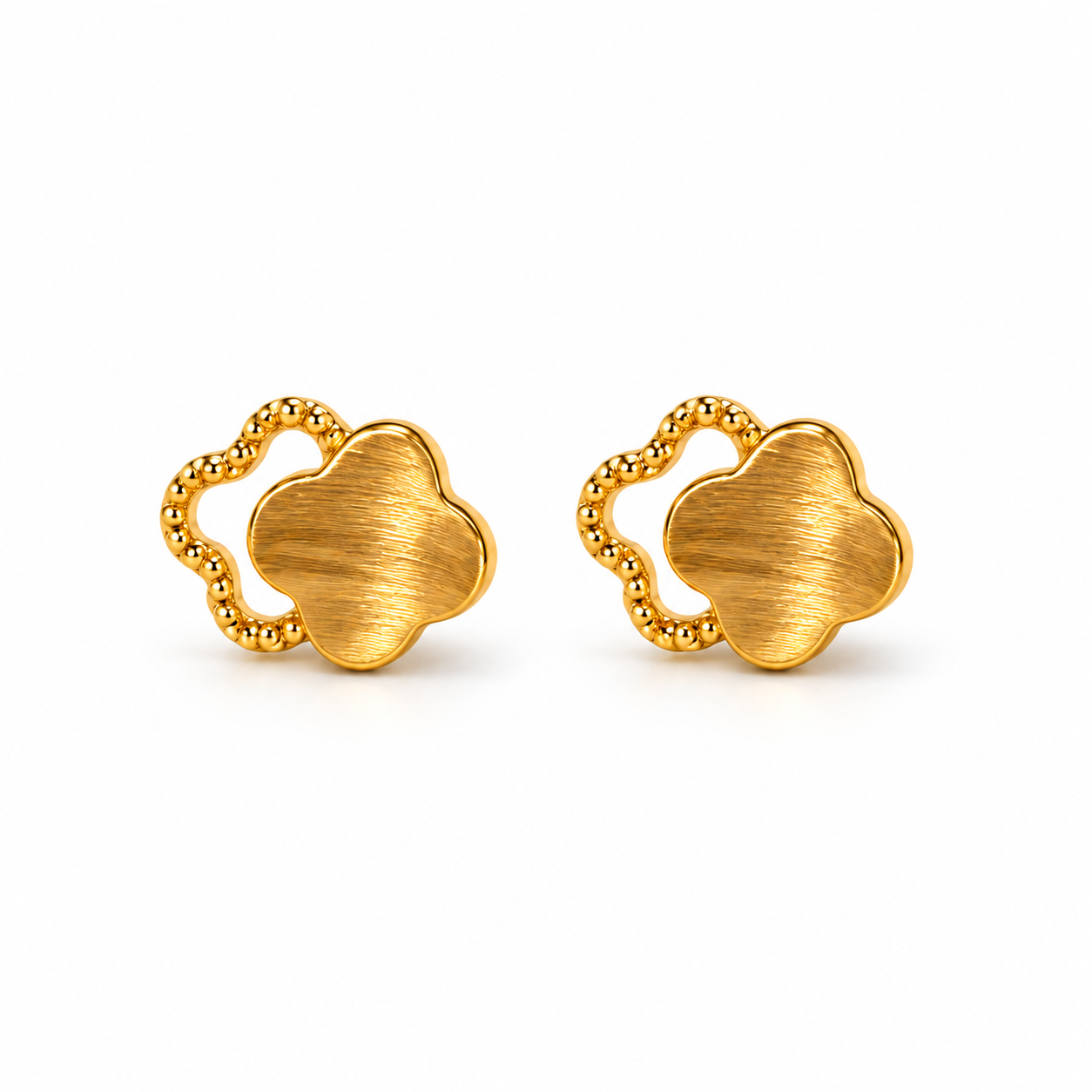 18K Solid Gold Clover Stud Earrings, Brushed Yellow Gold, Lucky Charm Jewelry