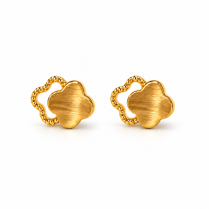 18K Solid Gold Clover Stud Earrings, Brushed Yellow Gold, Lucky Charm Jewelry
