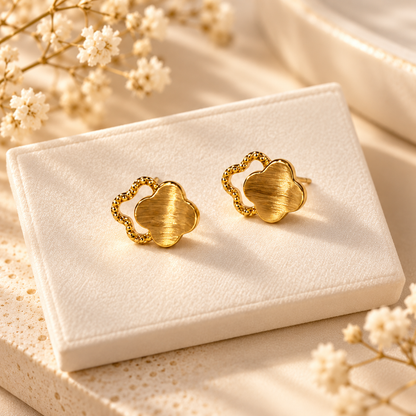 18K Solid Gold Clover Stud Earrings, Brushed Yellow Gold, Lucky Charm Jewelry