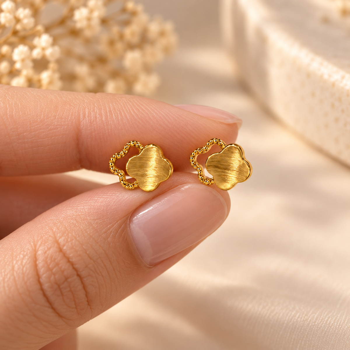 18K Solid Gold Clover Stud Earrings, Brushed Yellow Gold, Lucky Charm Jewelry