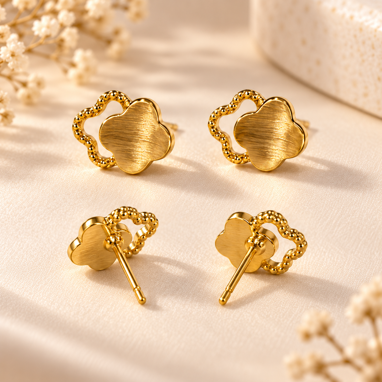 18K Solid Gold Clover Stud Earrings, Brushed Yellow Gold, Lucky Charm Jewelry