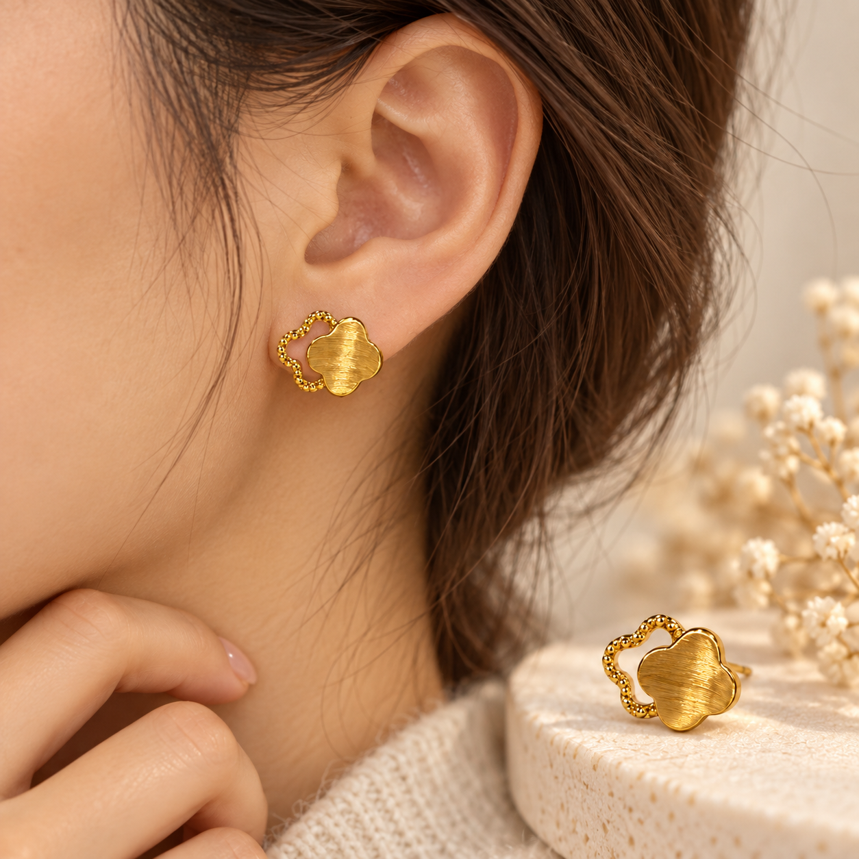 18K Solid Gold Clover Stud Earrings, Brushed Yellow Gold, Lucky Charm Jewelry