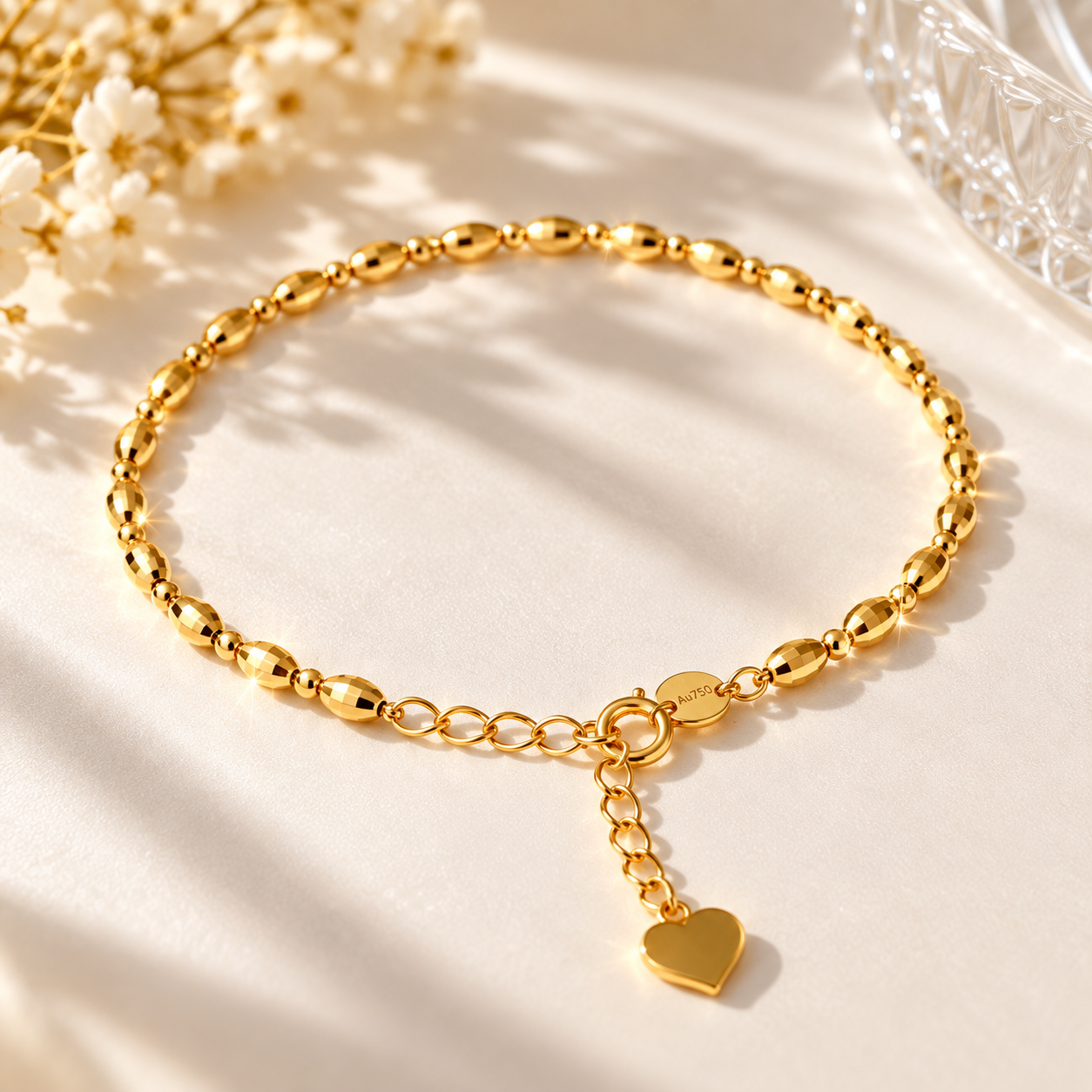 18K Solid Gold Beaded Bracelet, Diamond-Cut Finish, Adjustable Length (15-18cm)