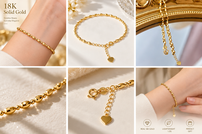 18K Solid Gold Beaded Bracelet, Diamond-Cut Finish, Adjustable Length (15-18cm)