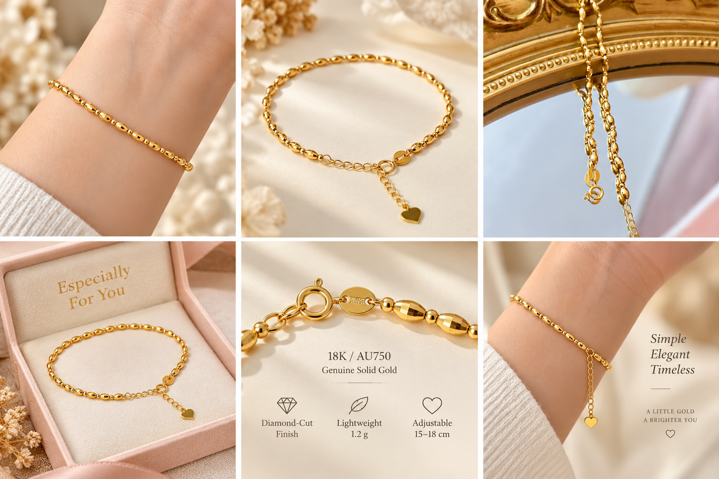 18K Solid Gold Beaded Bracelet, Diamond-Cut Finish, Adjustable Length (15-18cm)