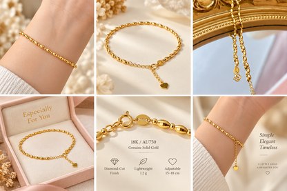 18K Solid Gold Beaded Bracelet, Diamond-Cut Finish, Adjustable Length (15-18cm)