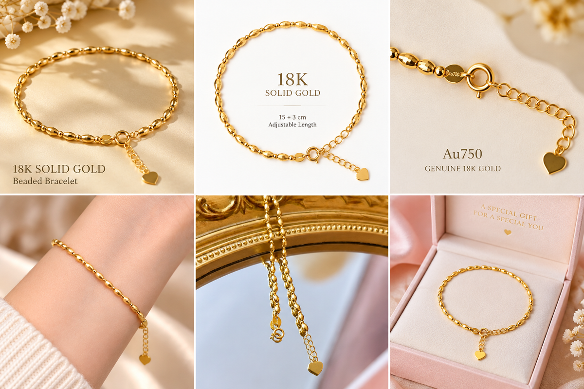 18K Solid Gold Beaded Bracelet, Diamond-Cut Finish, Adjustable Length (15-18cm)
