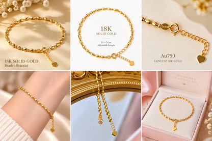 18K Solid Gold Beaded Bracelet, Diamond-Cut Finish, Adjustable Length (15-18cm)