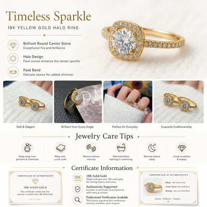 18K Solid Gold Halo Engagement Ring