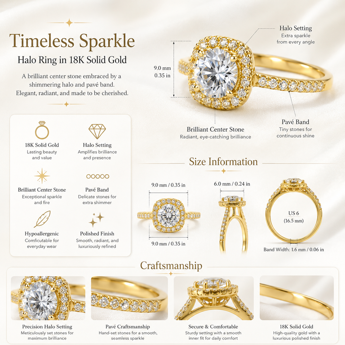 18K Solid Gold Halo Engagement Ring