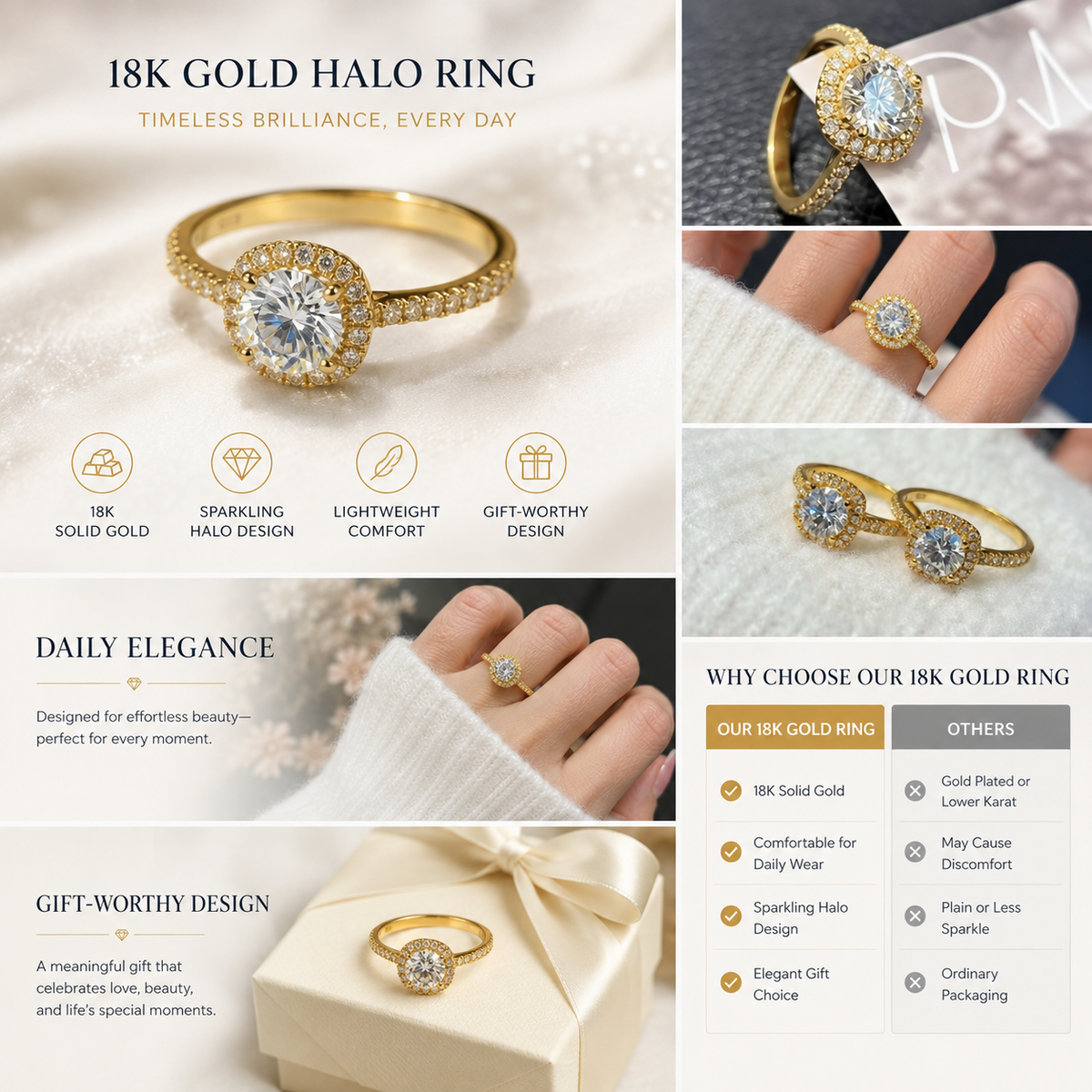 18K Solid Gold Halo Engagement Ring