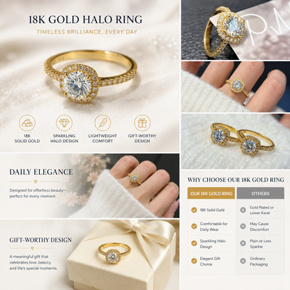 18K Solid Gold Halo Engagement Ring