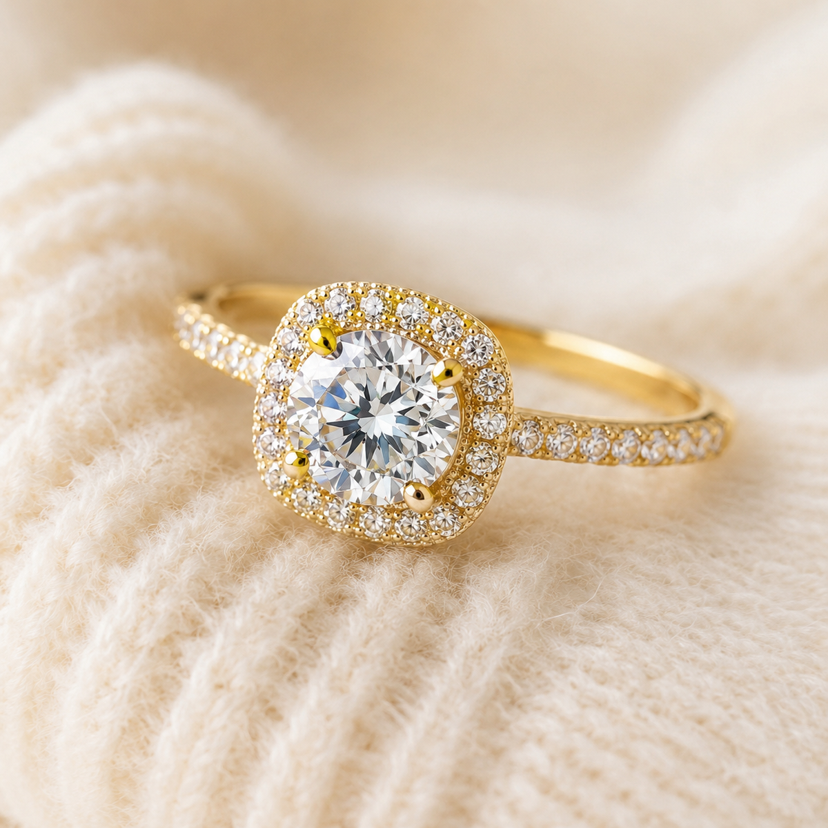 18K Solid Gold Halo Engagement Ring