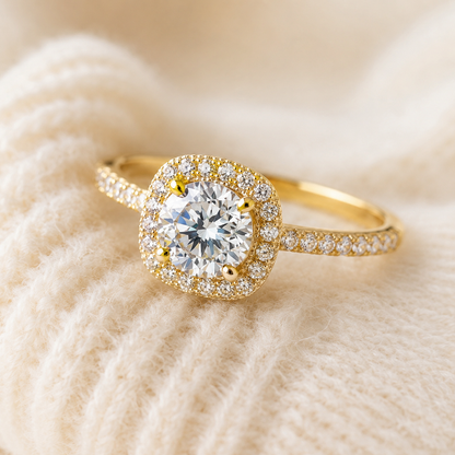 18K Solid Gold Halo Engagement Ring