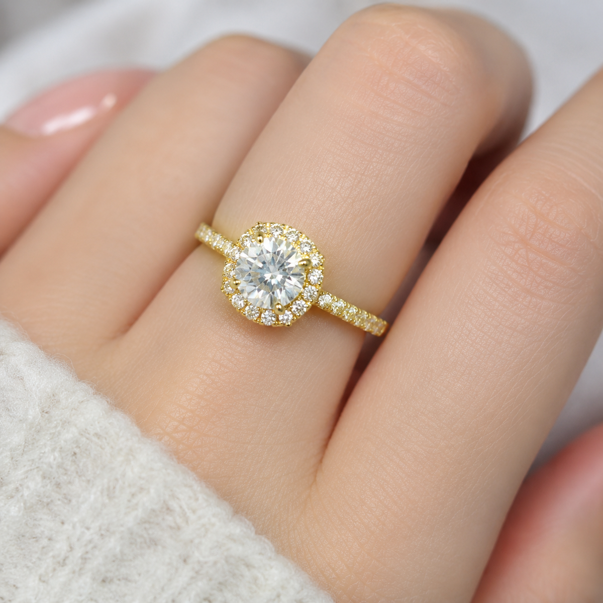 18K Solid Gold Halo Engagement Ring