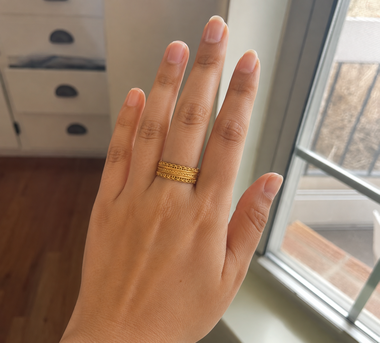 Solid 18K Yellow Gold Filigree Ring, Wide Ornate Celtic Band