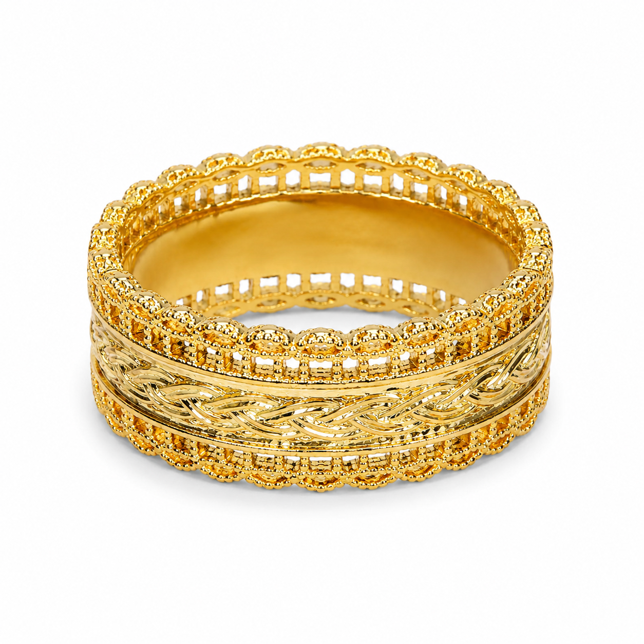 Solid 18K Yellow Gold Filigree Ring, Wide Ornate Celtic Band