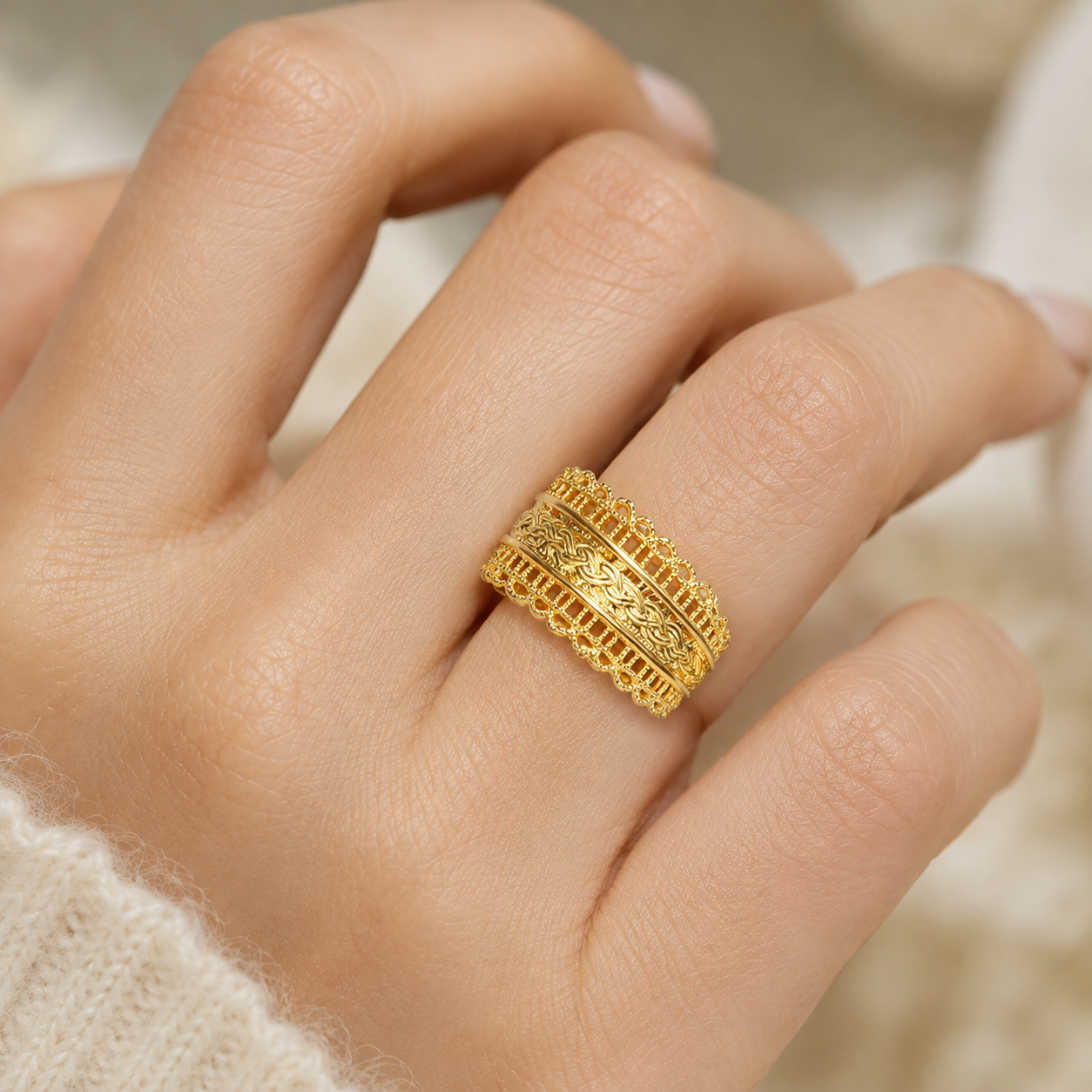 Solid 18K Yellow Gold Filigree Ring, Wide Ornate Celtic Band