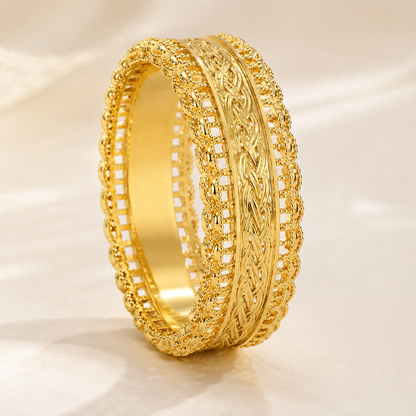 Solid 18K Yellow Gold Filigree Ring, Wide Ornate Celtic Band