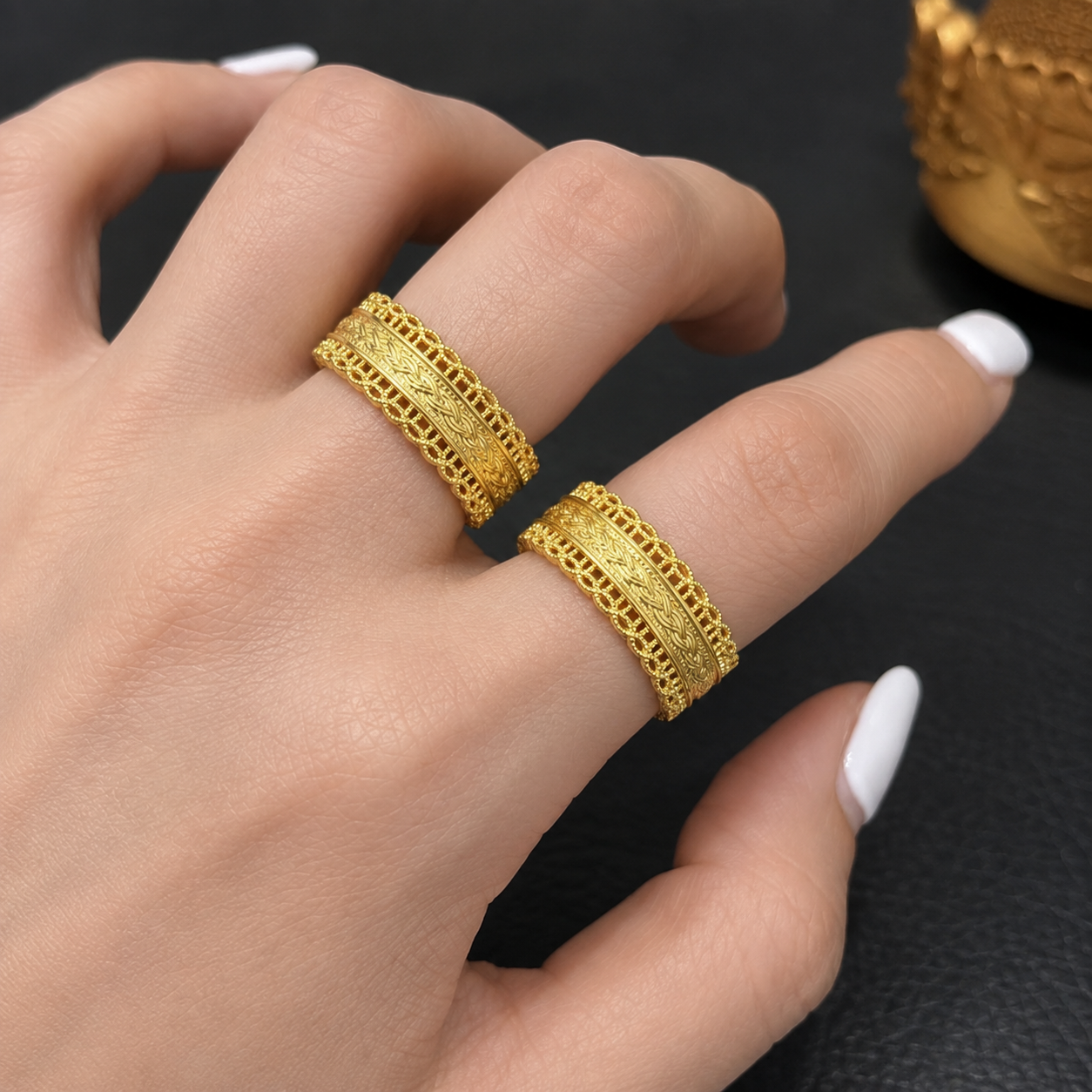 Solid 18K Yellow Gold Filigree Ring, Wide Ornate Celtic Band