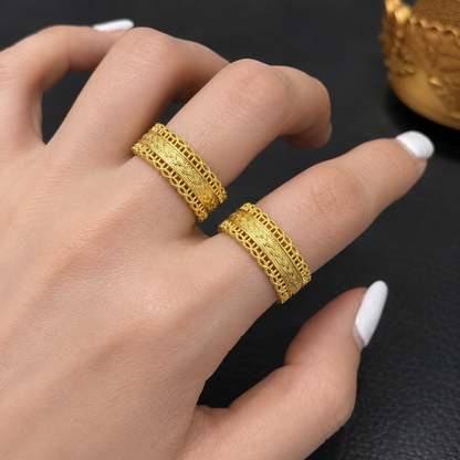 Solid 18K Yellow Gold Filigree Ring, Wide Ornate Celtic Band