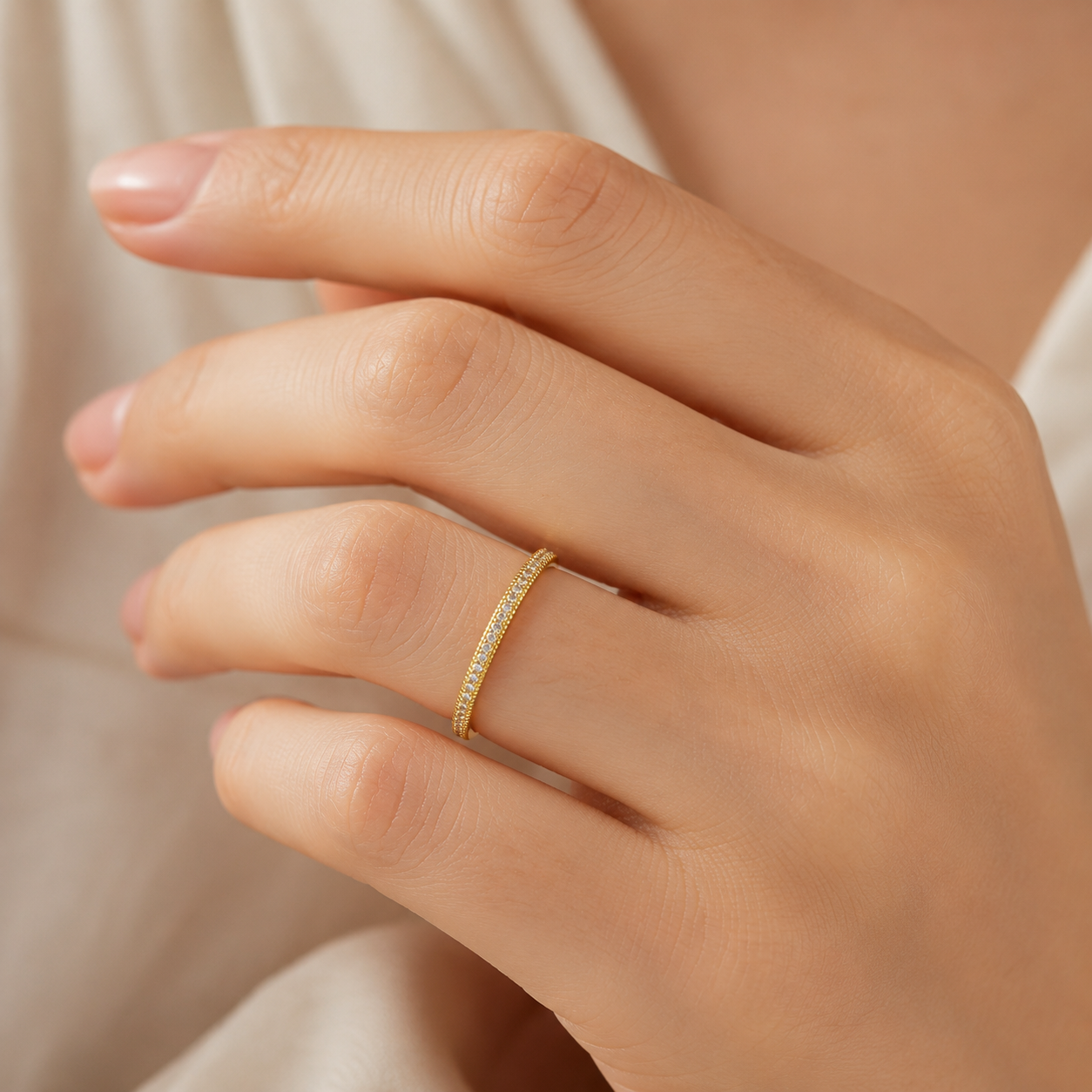 18K Solid Gold Moissanite Band Ring, Dainty Yellow Gold Stacking Ring, Sparkling Wedding Band, Minimalist Gold Ring for Women
