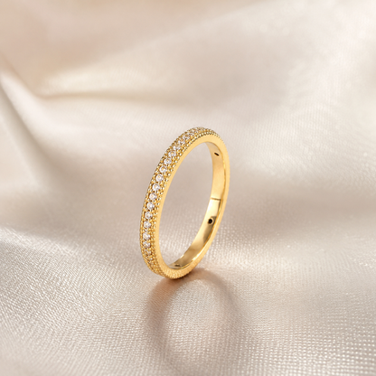 18K Solid Gold Moissanite Band Ring, Dainty Yellow Gold Stacking Ring, Sparkling Wedding Band, Minimalist Gold Ring for Women