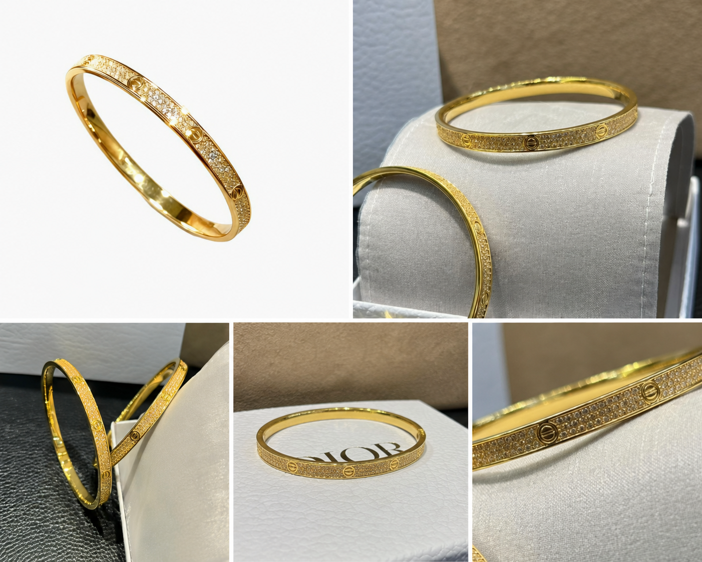 18K Solid Yellow Gold Pavé Bangle Bracelet, AU750 Geometric Fine Jewelry