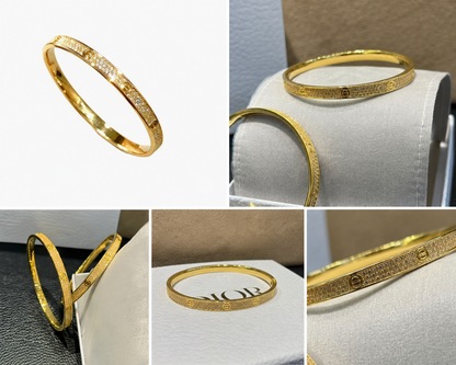 18K Solid Yellow Gold Pavé Bangle Bracelet, AU750 Geometric Fine Jewelry