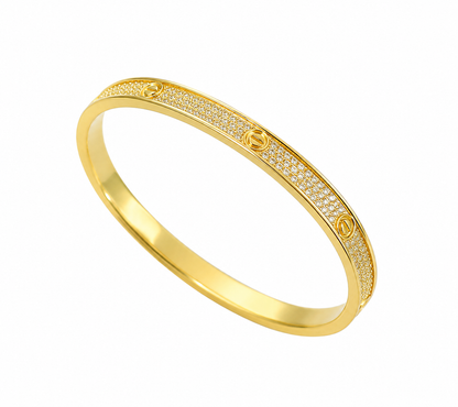 18K Solid Yellow Gold Pavé Bangle Bracelet, AU750 Geometric Fine Jewelry