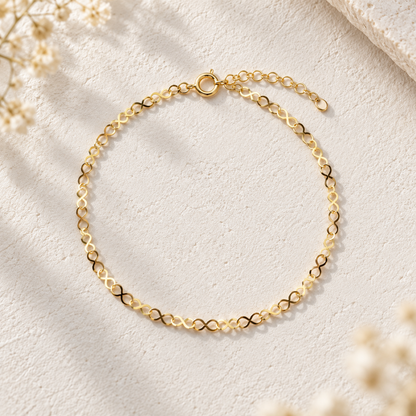 18K Solid Gold Infinity Bracelet, AU750 Figure 8 Chain, Minimalist Adjustable Jewelry