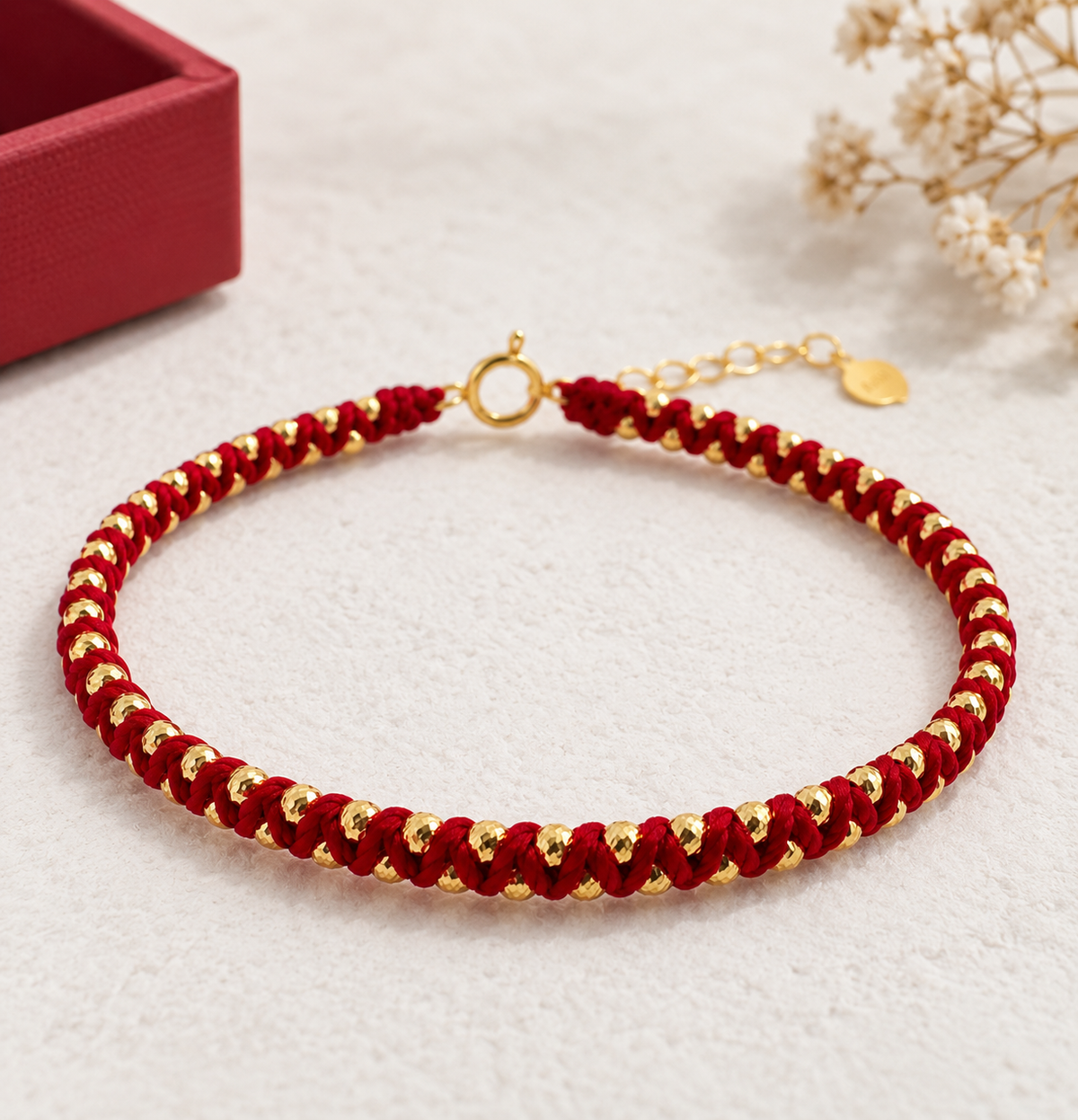 18K Solid Gold Red Cord Bracelet, Diamond-Cut Beads, Adjustable Burgundy Braided Jewelry