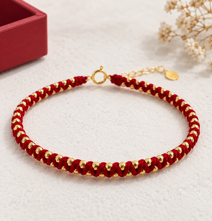 18K Solid Gold Red Cord Bracelet, Diamond-Cut Beads, Adjustable Burgundy Braided Jewelry