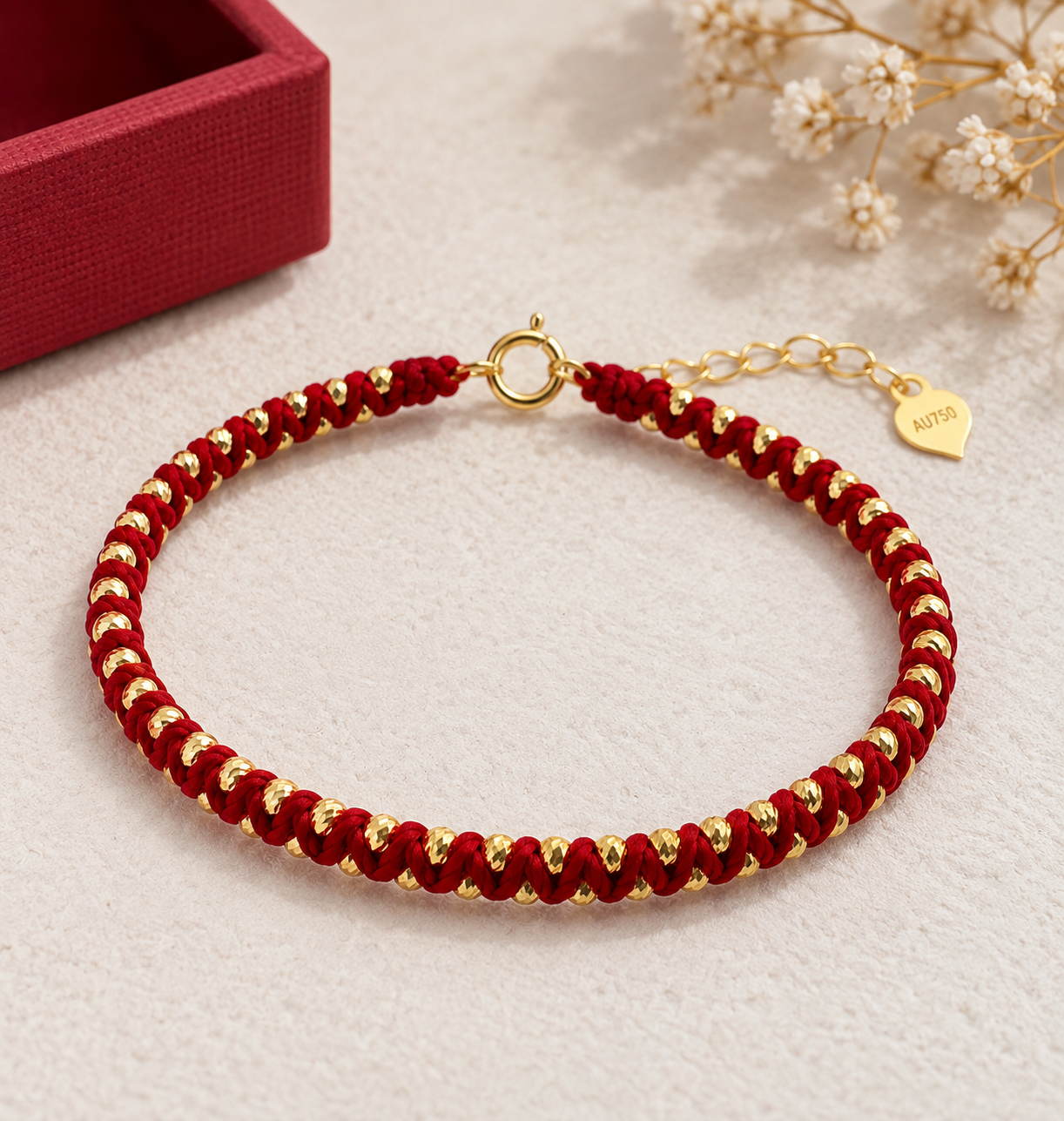 18K Solid Gold Red Cord Bracelet, Diamond-Cut Beads, Adjustable Burgundy Braided Jewelry