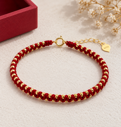 18K Solid Gold Red Cord Bracelet, Diamond-Cut Beads, Adjustable Burgundy Braided Jewelry