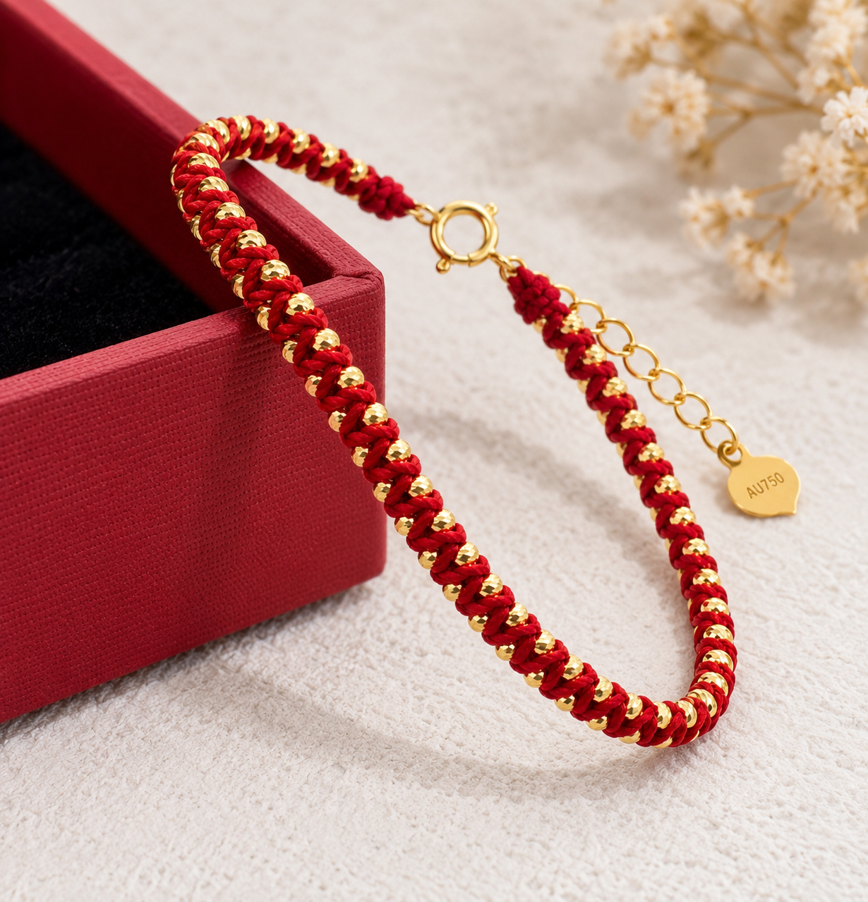 18K Solid Gold Red Cord Bracelet, Diamond-Cut Beads, Adjustable Burgundy Braided Jewelry