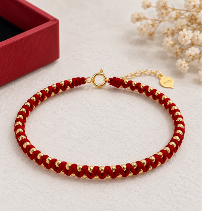 18K Solid Gold Red Cord Bracelet, Diamond-Cut Beads, Adjustable Burgundy Braided Jewelry