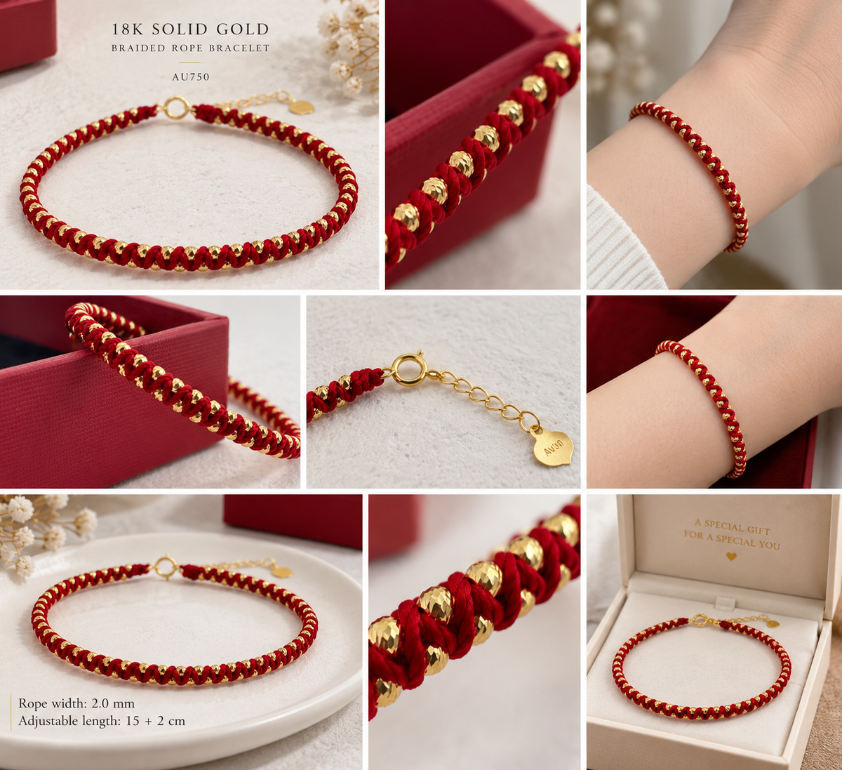 18K Solid Gold Red Cord Bracelet, Diamond-Cut Beads, Adjustable Burgundy Braided Jewelry