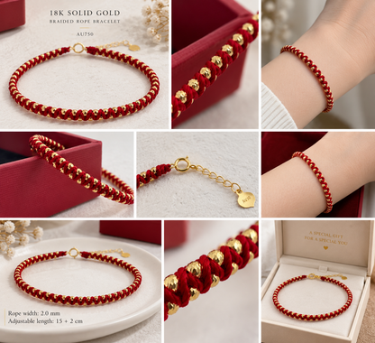 18K Solid Gold Red Cord Bracelet, Diamond-Cut Beads, Adjustable Burgundy Braided Jewelry