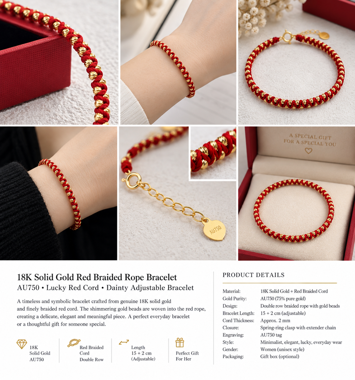 18K Solid Gold Red Cord Bracelet, Diamond-Cut Beads, Adjustable Burgundy Braided Jewelry
